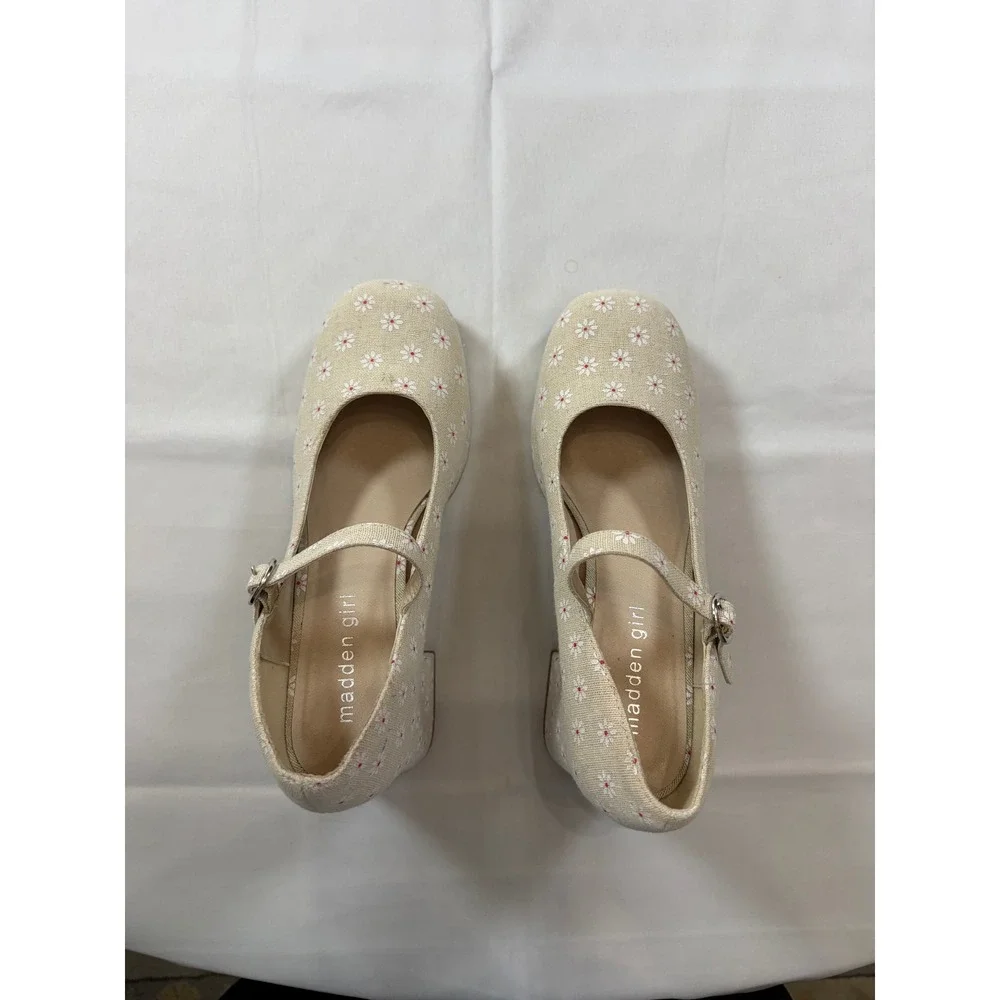 Madden Girl Daisy Floral Platform Mary Jane Heels Beige Block Heel Square Toe 11